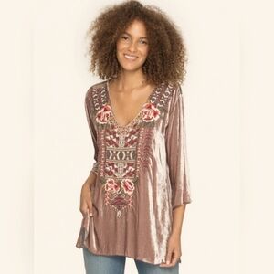 Johnny Was Velvet Tunic in Mauve with Floral Embroidery